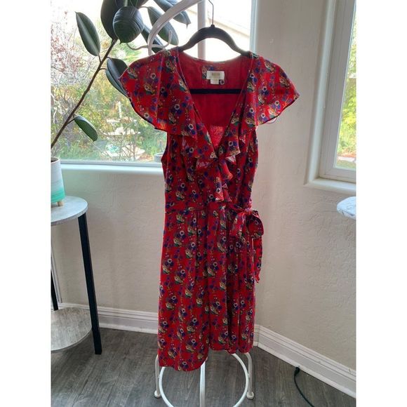 NWOT Anthropologie Rosalia Wrap Dress by Maeve Size 8 Red Ditsy Frill 6388 - Picture 15 of 16